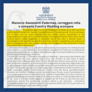 Manovra: Assoeventi-Federmep, correggere rotta o comparto Eventi e Wedding scompare